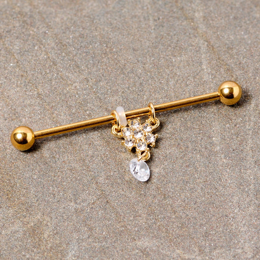 14G Clear Gem Gold Tone Regal Crest Dangle Industrial Barbell 38mm