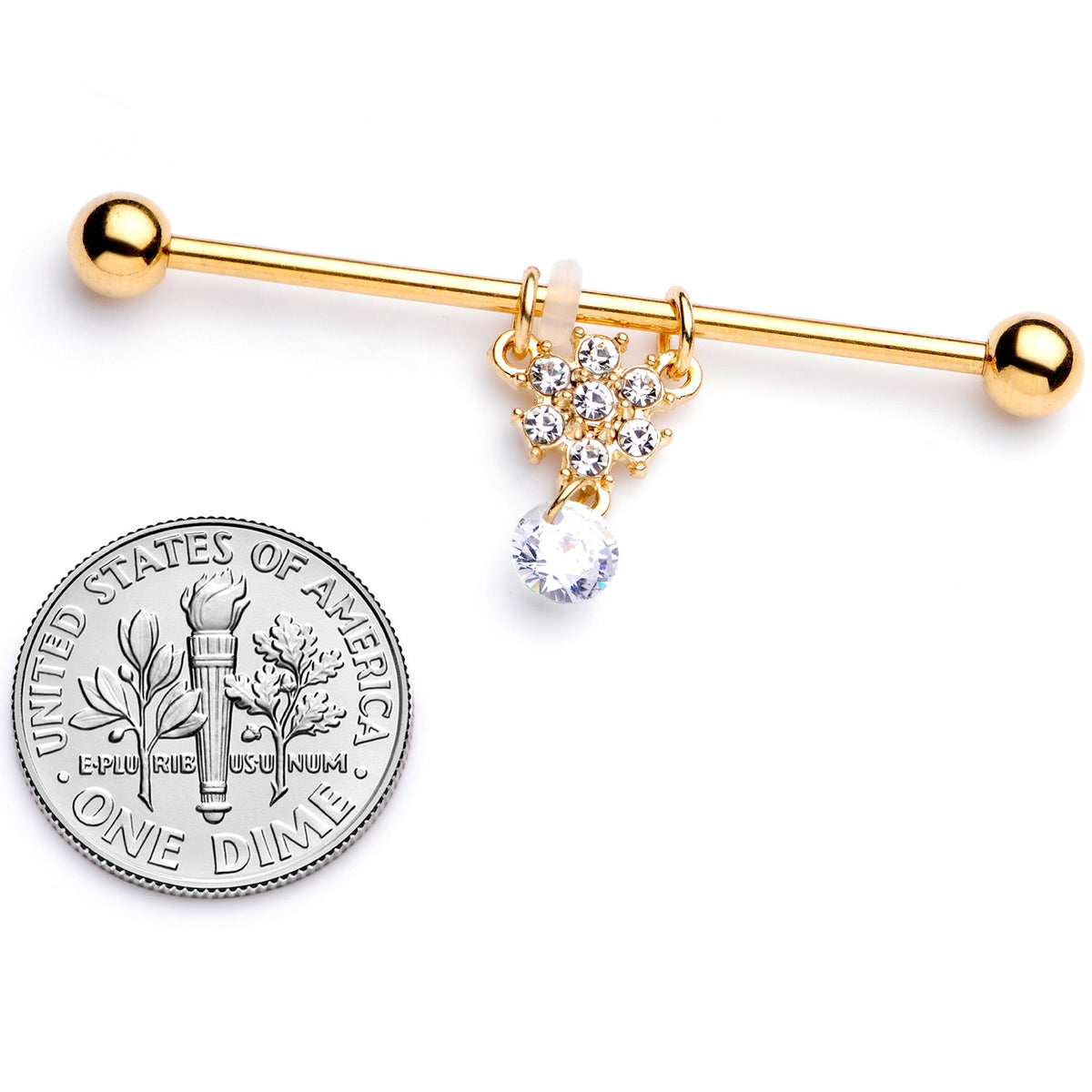 14G Clear Gem Gold Tone Regal Crest Dangle Industrial Barbell 38mm