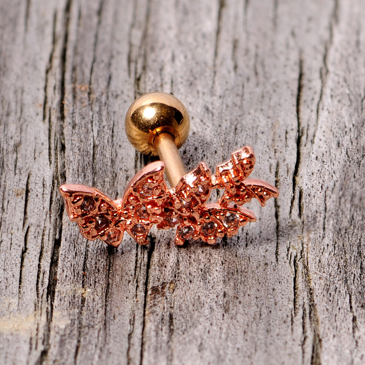 16G 1/4 Clear CZ Gem Rose Gold Tone Butterfly Trio Cartilage Tragus