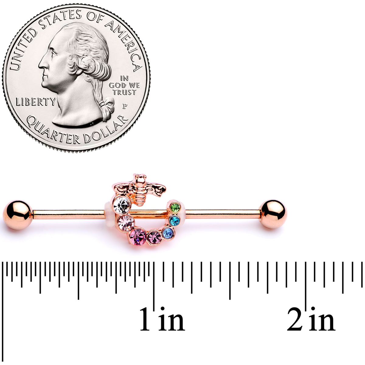 14G Multicolor Gem Rose Gold Tone Bee Industrial Barbell 38mm