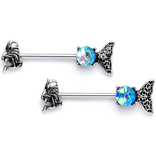 14G 5/8 Blue Mermaid Scale Tail Barbell Nipple Ring Set