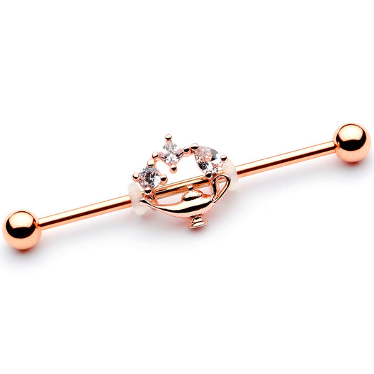 14G Clear CZ Gem Rose Gold Hue Genie Lamp Industrial Barbell 38mm