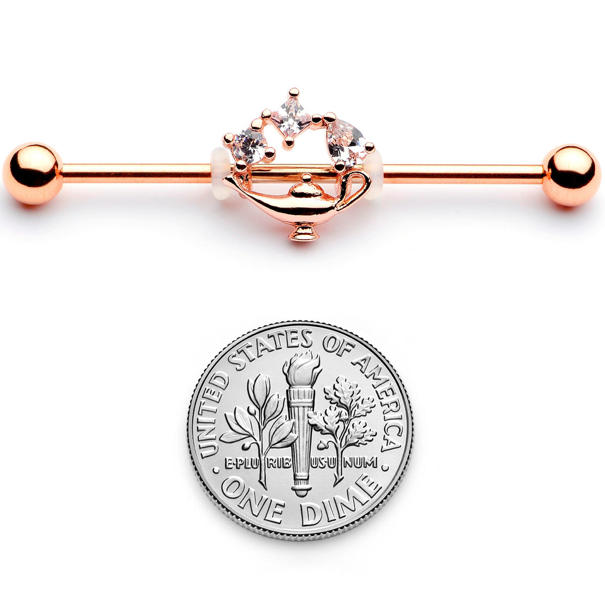 14G Clear CZ Gem Rose Gold Hue Genie Lamp Industrial Barbell 38mm