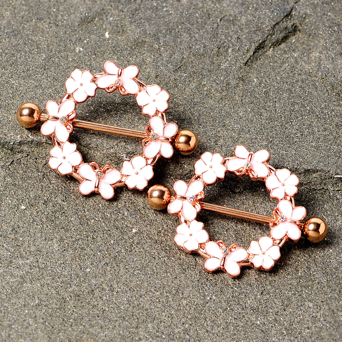 14G 9/16 Clear Gem Gold Tone Pink Butterfly Nipple Shield Set