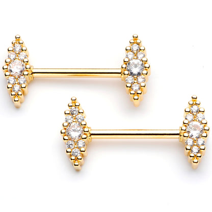 14G 9/16 Clear CZ Gem Gold Tone Texture Barbell Nipple Ring Set