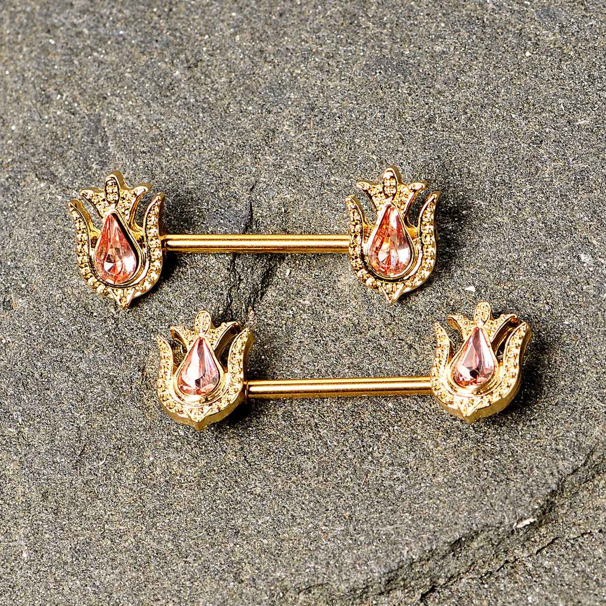 14G 9/16 Pink Gem Gold Tone Flower Barbell Nipple Ring Set