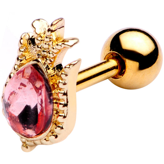 16G 1/4 Pink Gem Gold Tone Tulip Flower Cartilage Tragus Earring