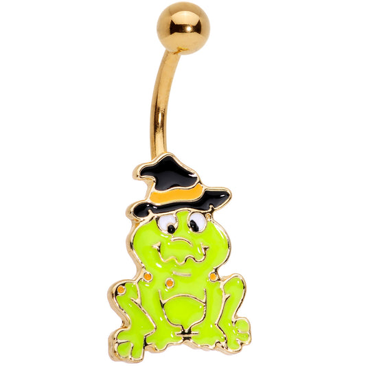 Gold Tone Ghastly Green Frog Witch Hat Halloween Belly Ring