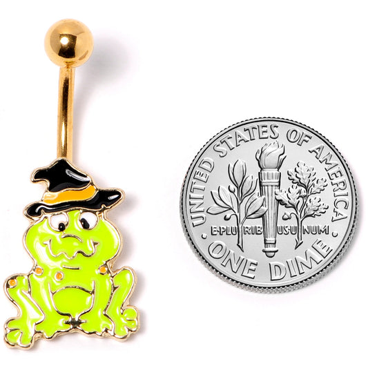 Gold Tone Ghastly Green Frog Witch Hat Halloween Belly Ring