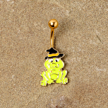 Gold Tone Ghastly Green Frog Witch Hat Halloween Belly Ring