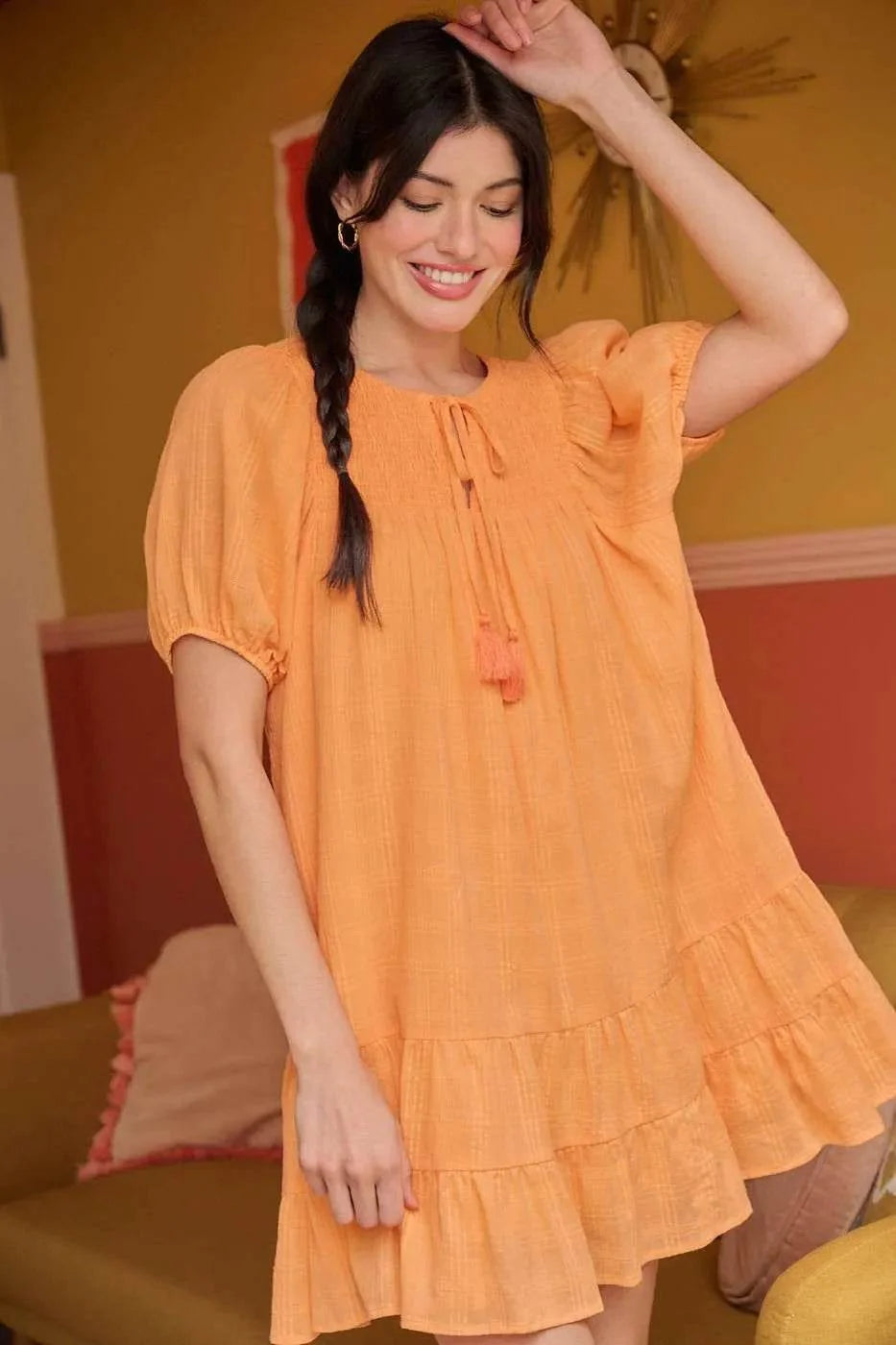 Mittoshop Tassel Tie Plaid Gauze Short Sleeve Mini Dress