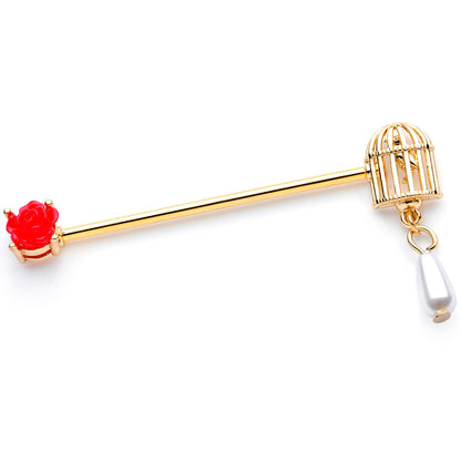 14G Gold Tone Red Flower Birdcage Industrial Barbell 38mm