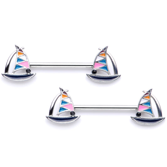 14G 9/16 Black Gem Teal Nautical Sailboat Barbell Nipple Ring Set