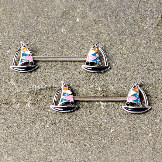 14G 9/16 Black Gem Teal Nautical Sailboat Barbell Nipple Ring Set