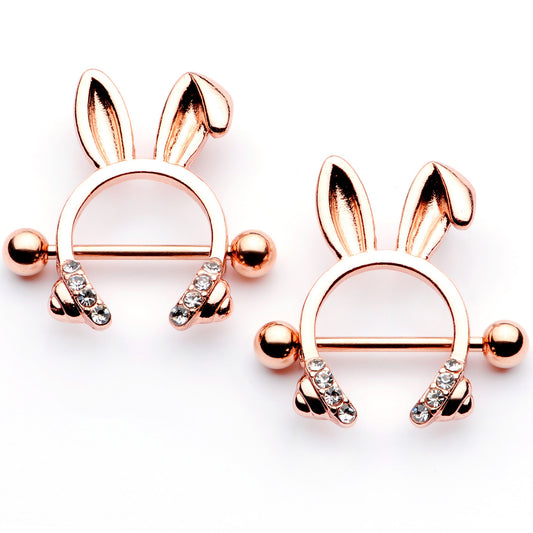 14G 9/16 Clear Gem Rose Gold Tone Bunny Ear Headphones Nipple Shield Set