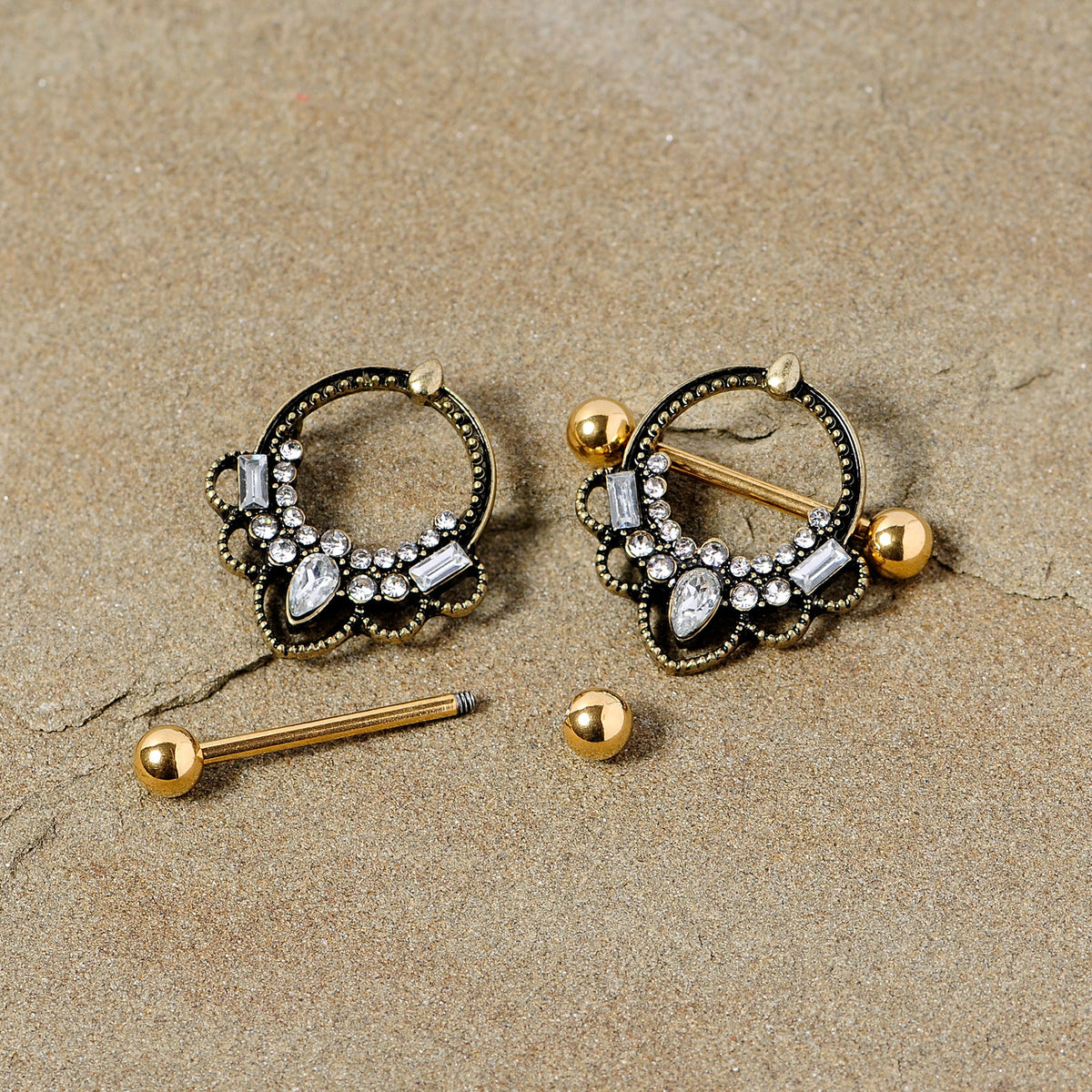 14G 5/8 Clear Gem Gold Tone Filigree Nipple Shield Set