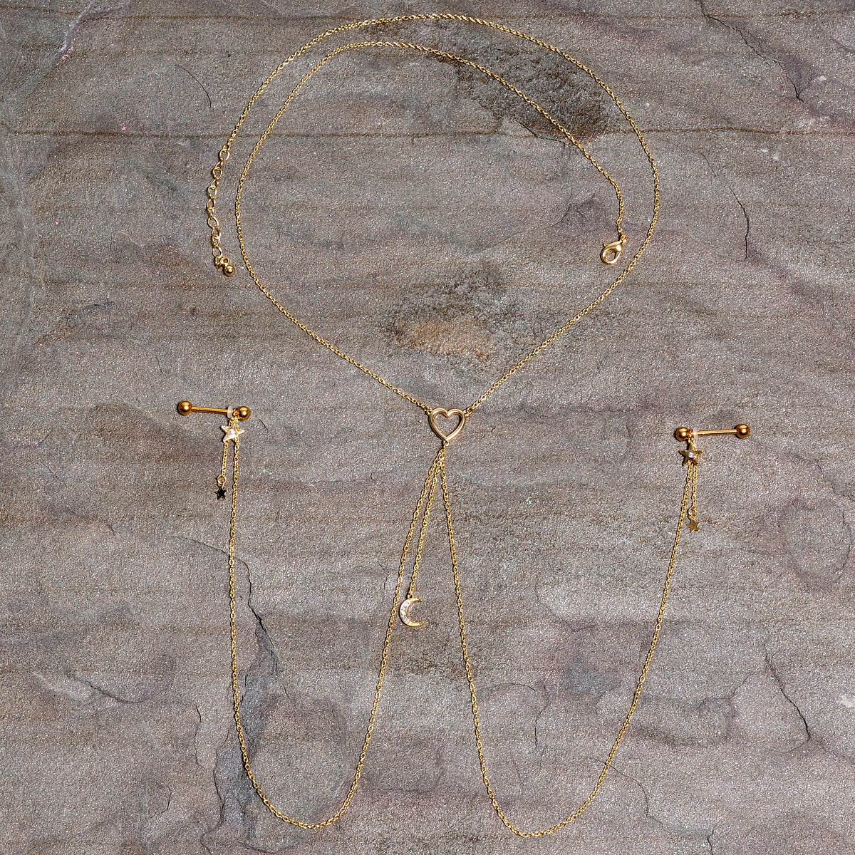 14G 5/8 Clear Gem Gold Tone Heart Star Nipple Chain Necklace