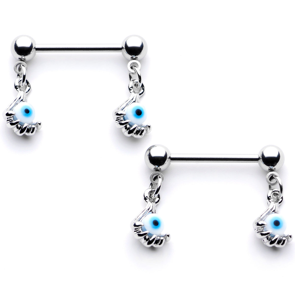 14G 5/8 Blue Eyeball Hand Halloween Dangle Nipple Ring Set