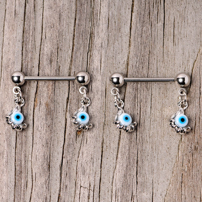 14G 5/8 Blue Eyeball Hand Halloween Dangle Nipple Ring Set