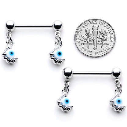 14G 5/8 Blue Eyeball Hand Halloween Dangle Nipple Ring Set