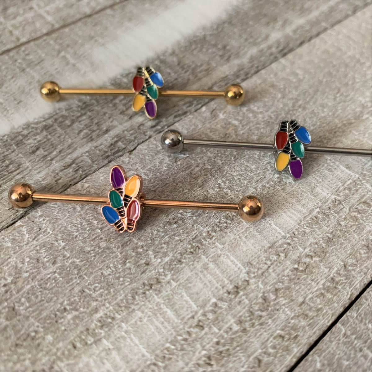 14G Gold Tone Christmas Lights Industrial Barbell 38mm