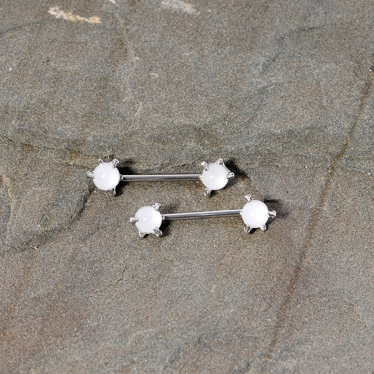 14G 5/8 White Faux Opal Dragon Claw Barbell Nipple Ring Set