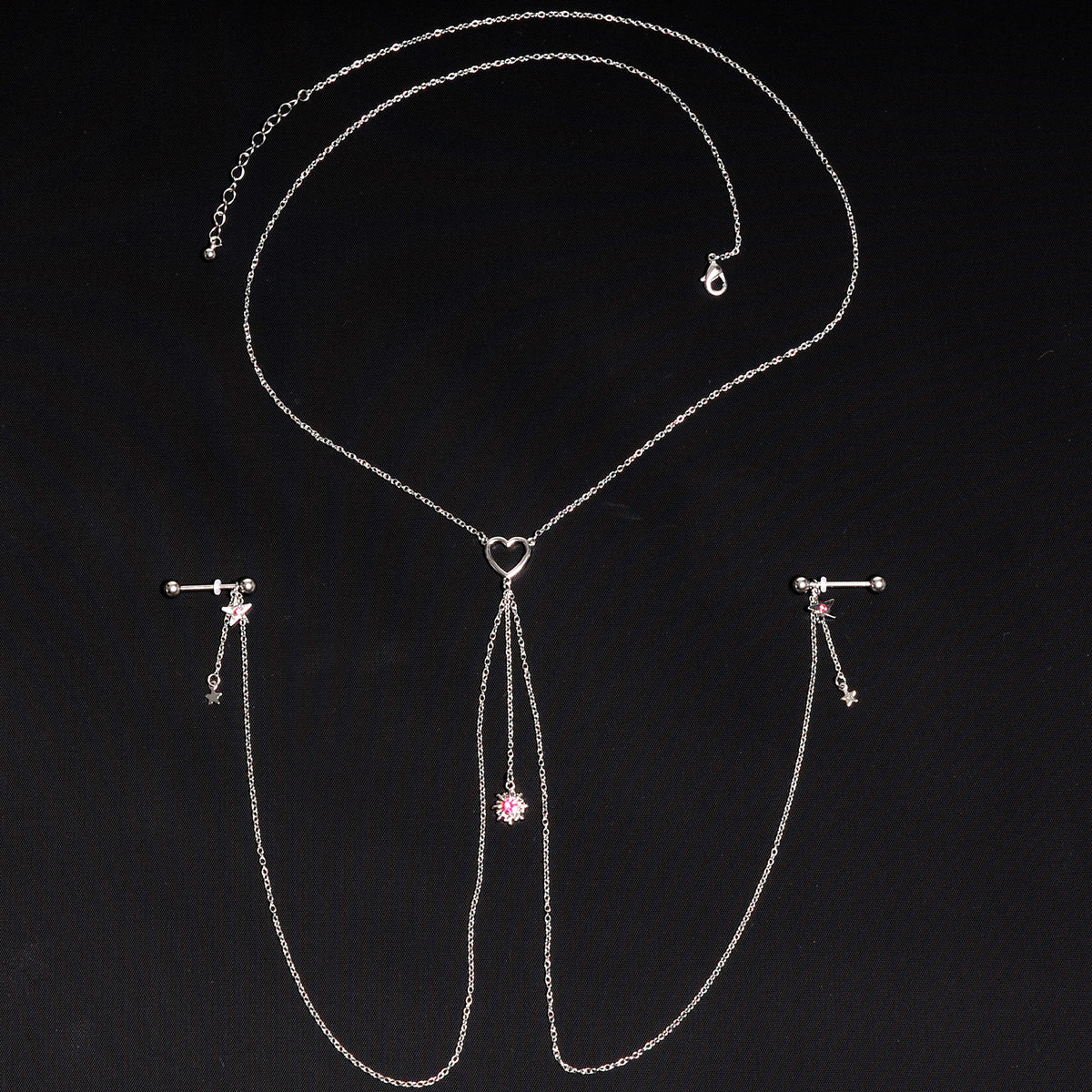 14G 5/8 Pink Gem Sun Heart Star Nipple Chain Necklace