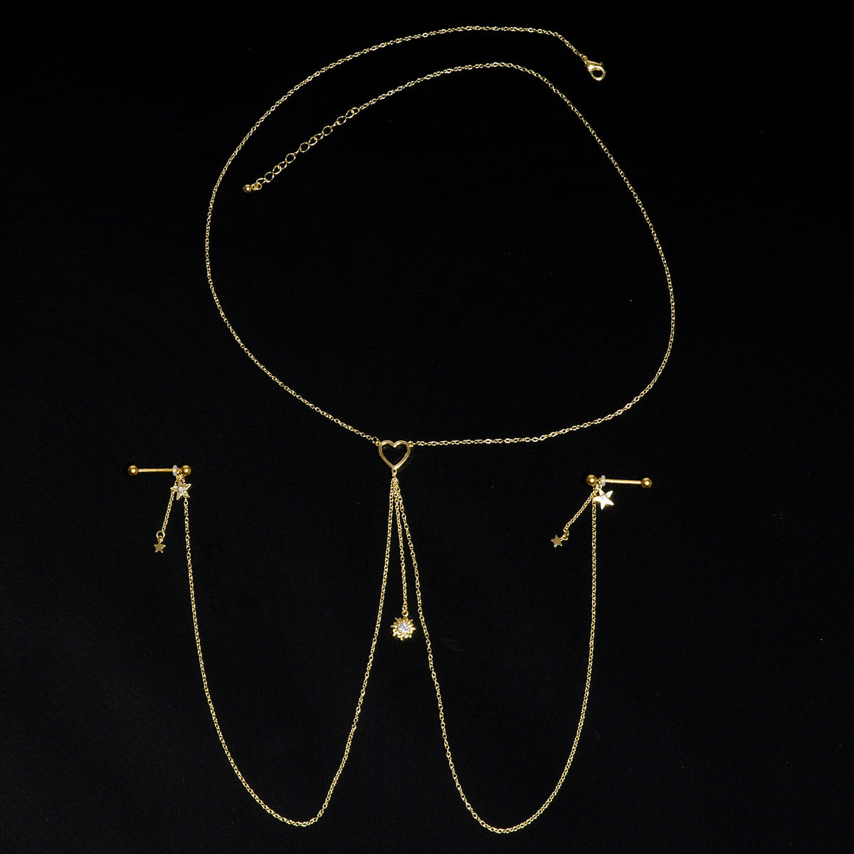 14G 5/8 Clear Gem Gold Tone Sun Heart Star Nipple Chain Necklace