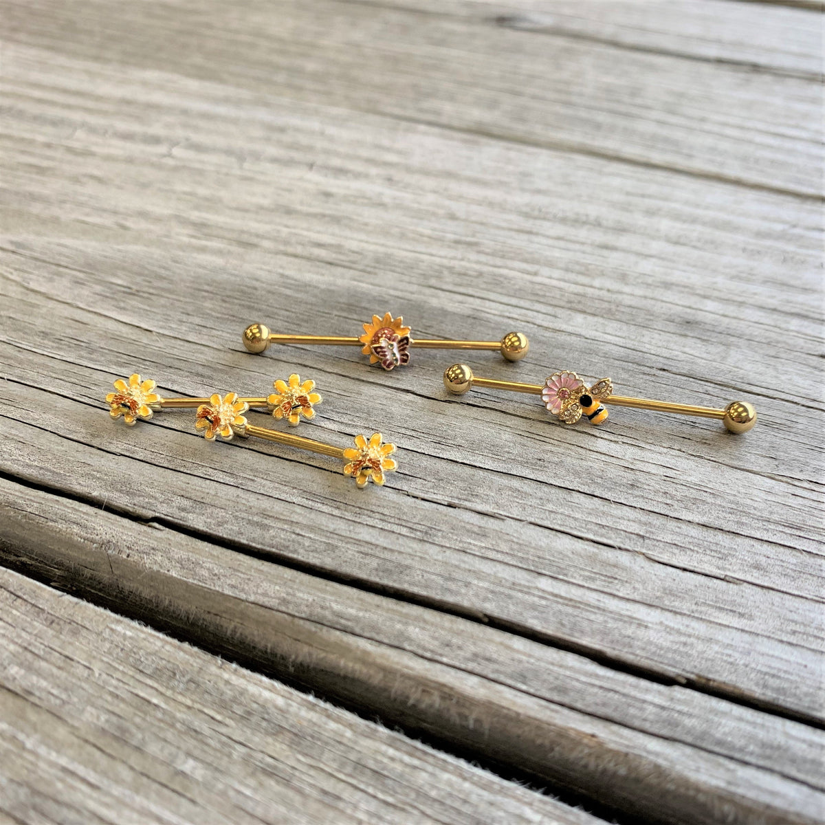 14G Pink Clear Gem Gold Tone Bee Blossom Industrial Barbell 38mm