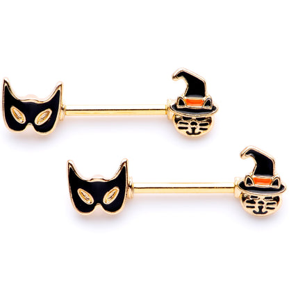 14G 9/16 Gold Tone Witch Cat Halloween Barbell Nipple Ring Set