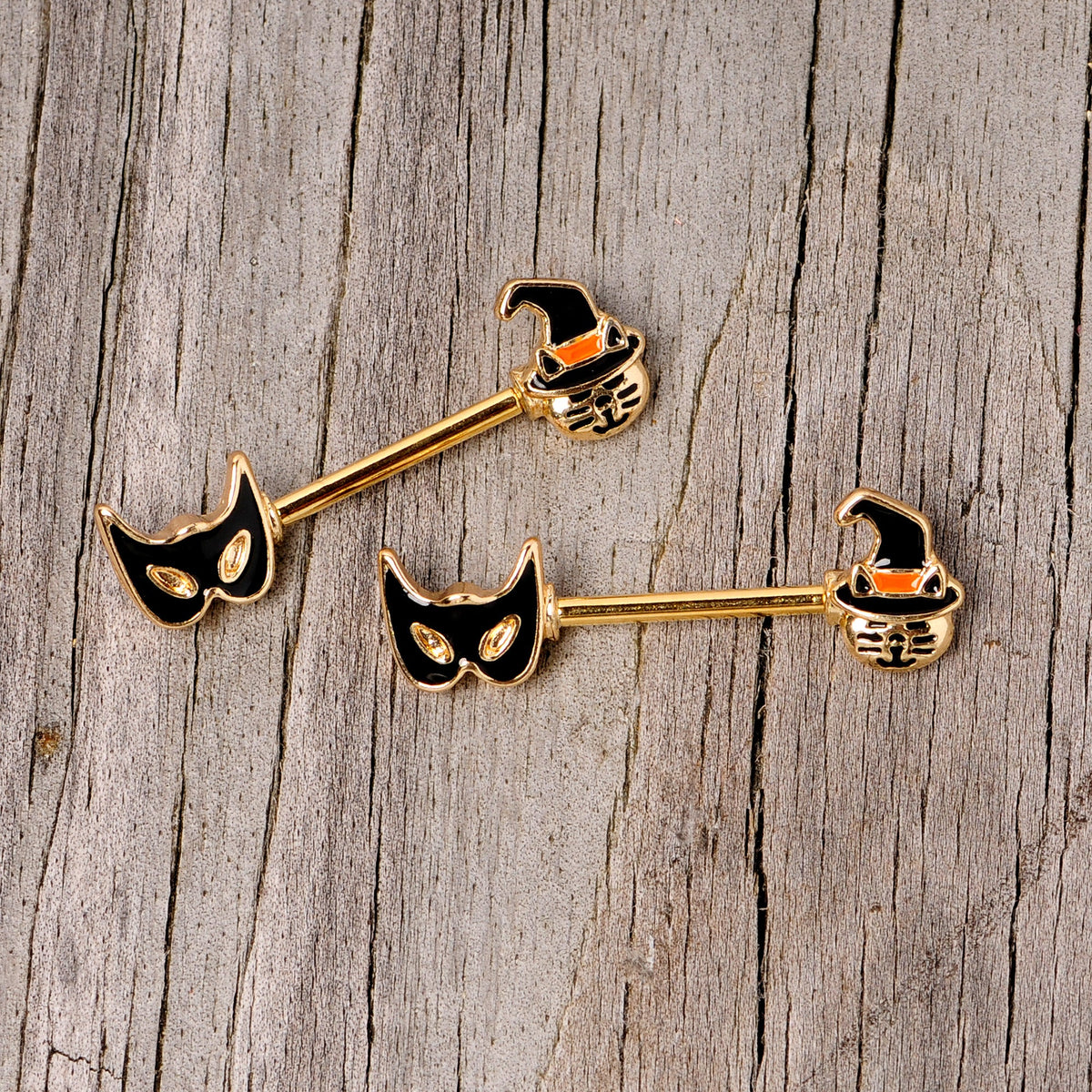 14G 9/16 Gold Tone Witch Cat Halloween Barbell Nipple Ring Set