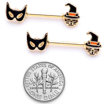 14G 9/16 Gold Tone Witch Cat Halloween Barbell Nipple Ring Set