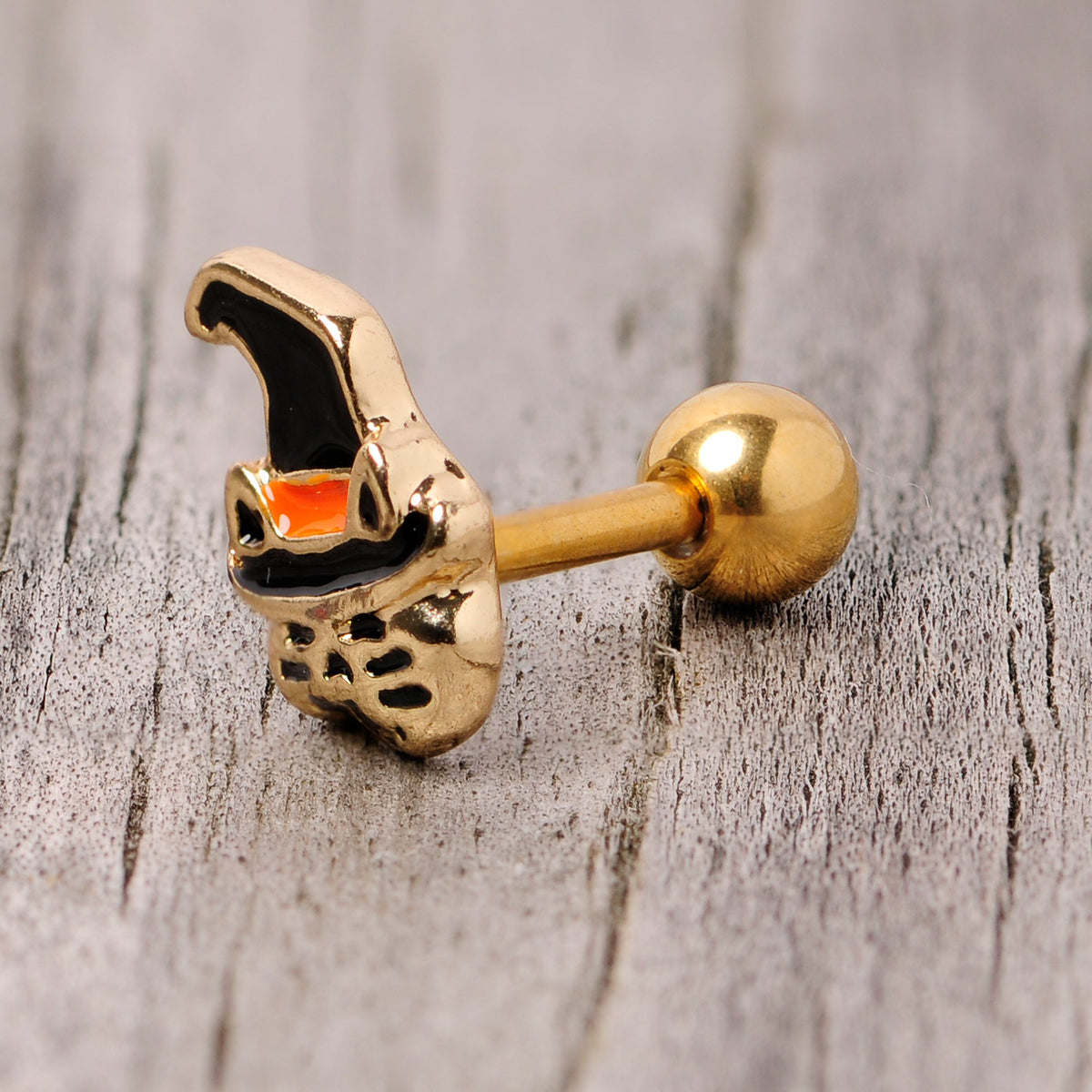 16G 1/4 Black Gold Tone Witch Hat Cat Halloween Cartilage Tragus