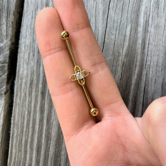 14G Clear CZ Gem Gold Tone Open Flower Industrial Barbell 38mm