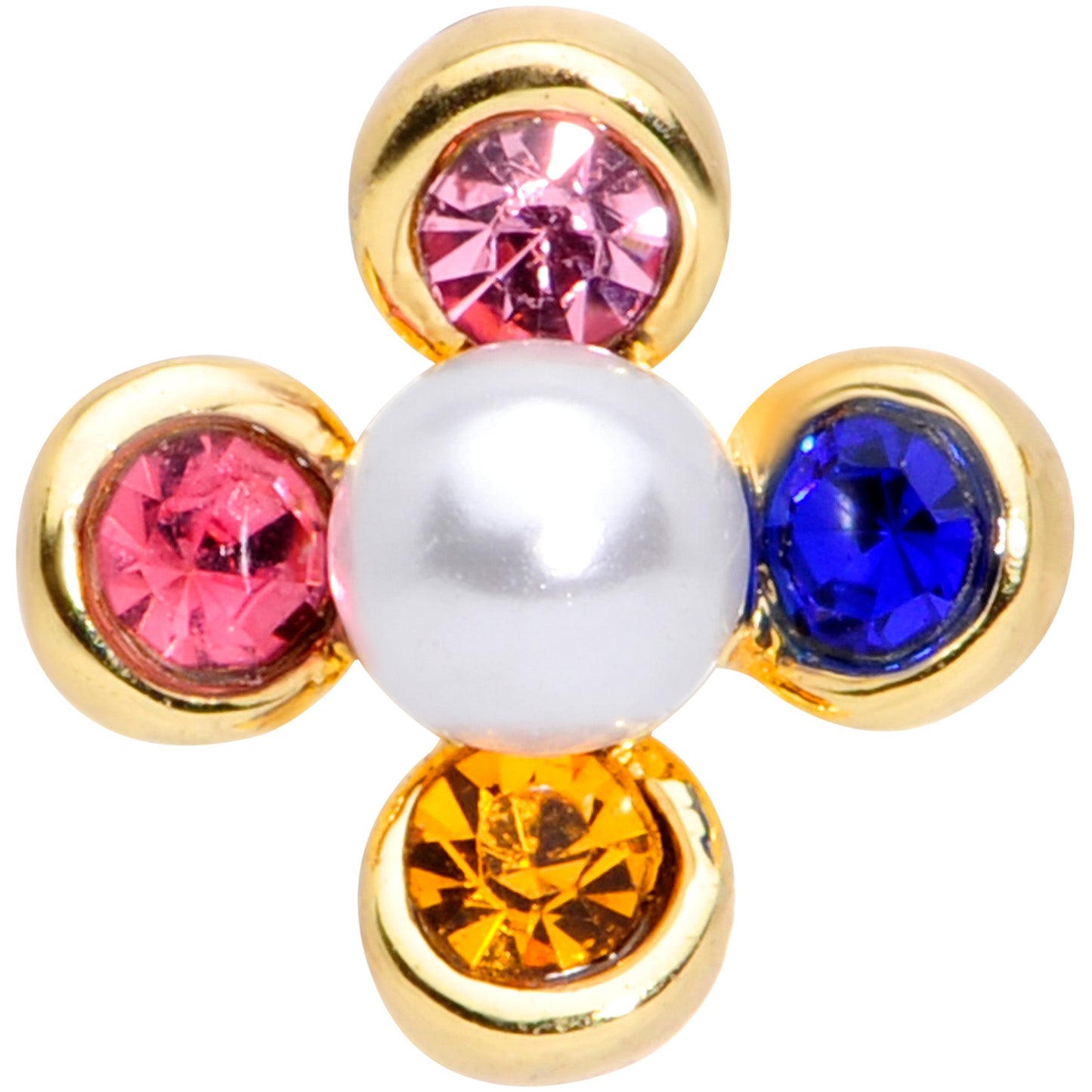 16G 5/16 Pink Blue Gem Gold Tone Flower Labret Monroe Tragus
