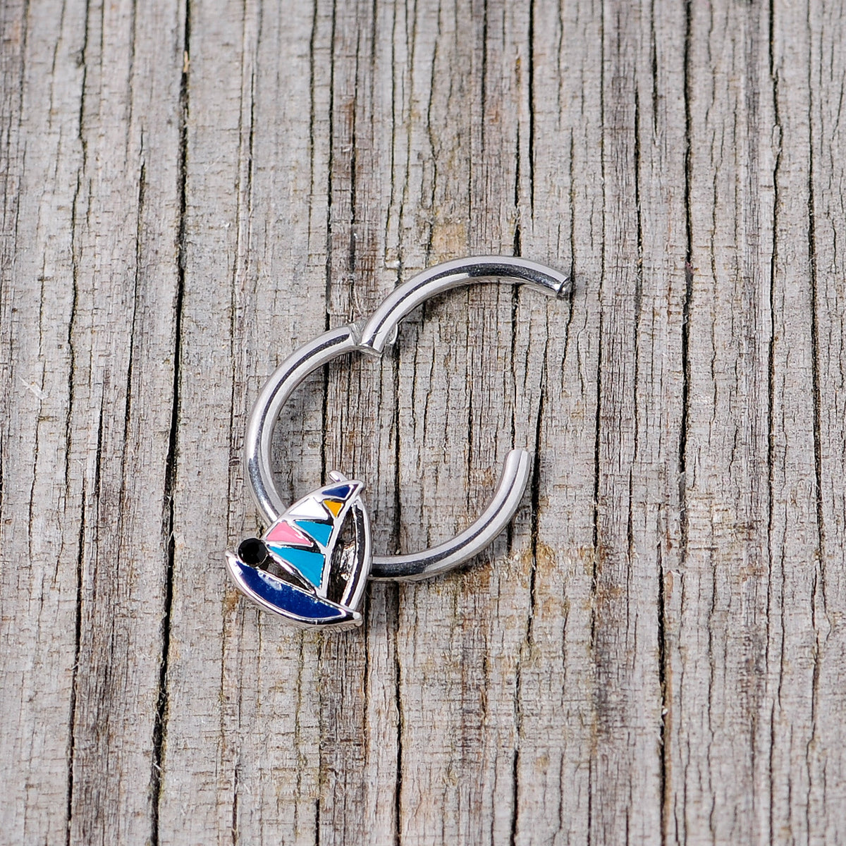 16G 3/8 Black Gem Pink Teal Nautical Sailboat Hinged Segment Ring