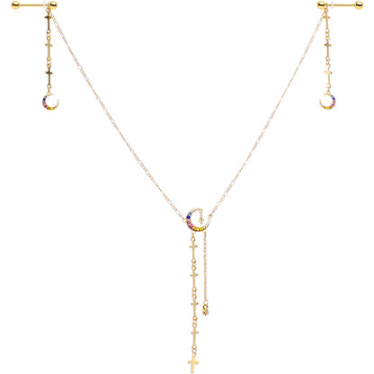 14G 9/16 Blue Pink Gem Gold Tone Moon Cross Dangle Nipple Chain