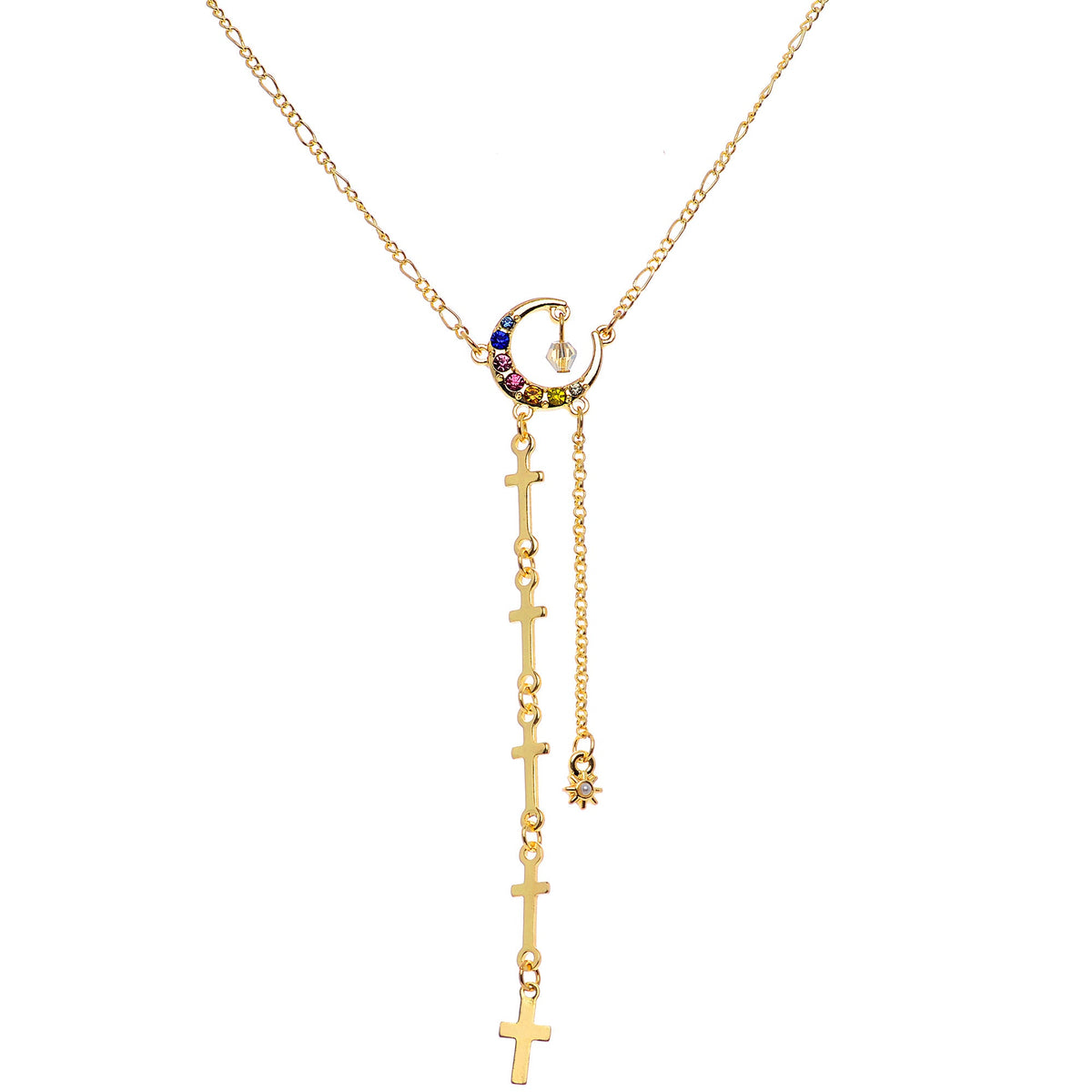 14G 9/16 Blue Pink Gem Gold Tone Moon Cross Dangle Nipple Chain