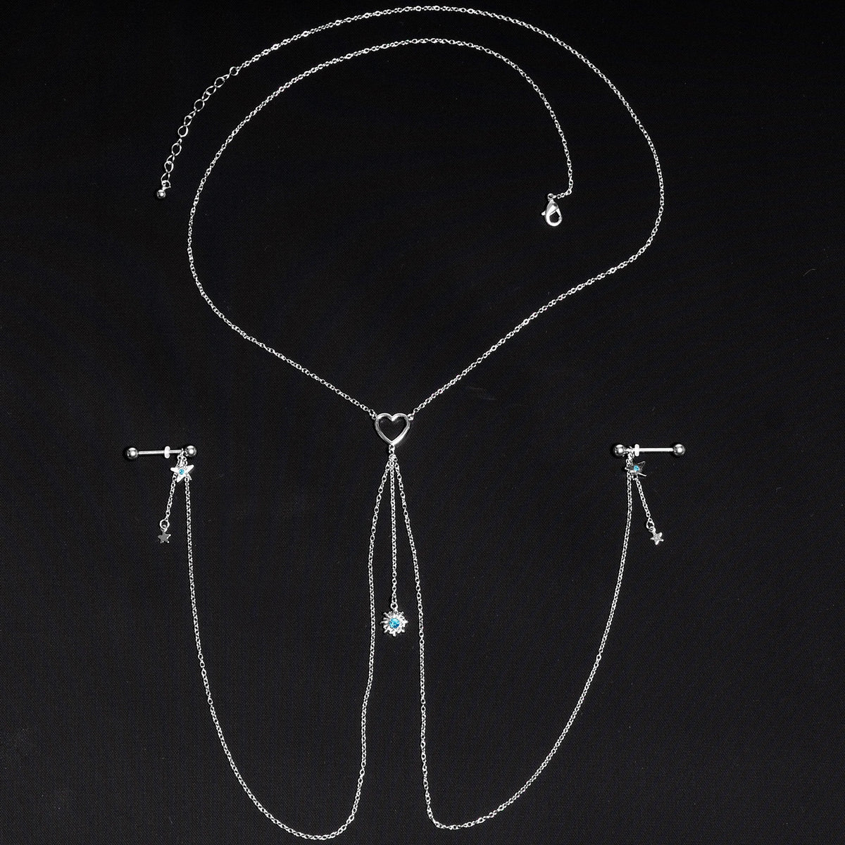 14G 5/8 Blue Gem Sun Heart Star Nipple Chain Necklace