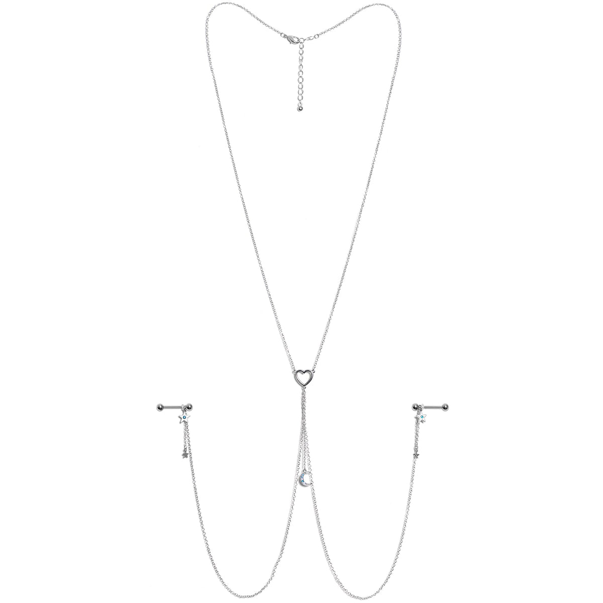 14G 5/8 Blue Gem Moon Heart Star Nipple Chain Necklace