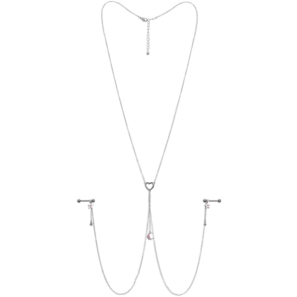 14G 5/8 Pink Gem Moon Heart Star Nipple Chain Necklace