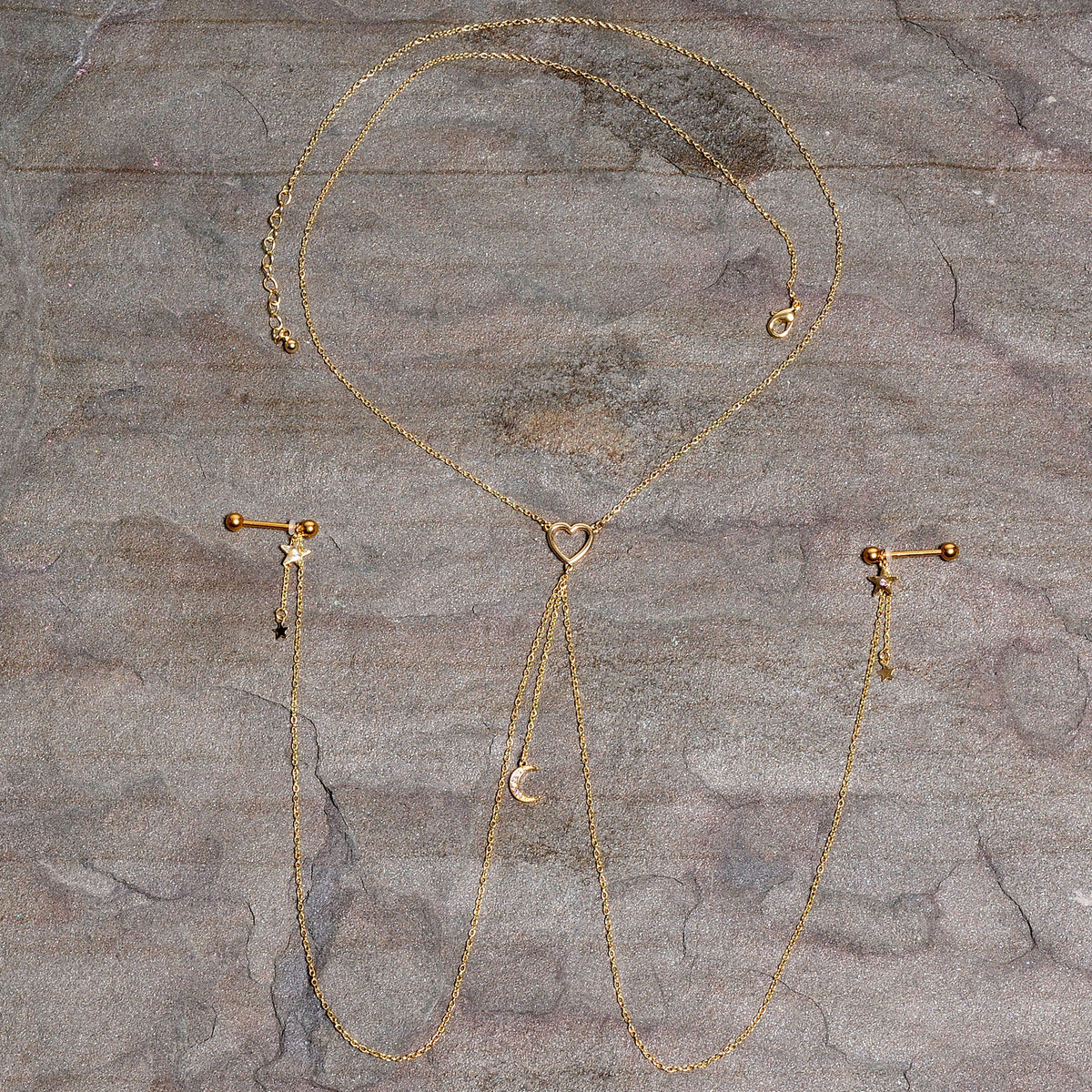 14G 5/8 Aurora Gem Gold Tone Heart Star Nipple Chain Necklace