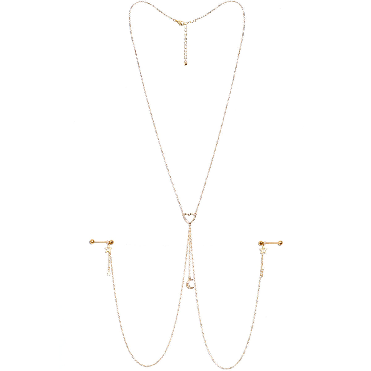 14G 5/8 Aurora Gem Gold Tone Heart Star Nipple Chain Necklace