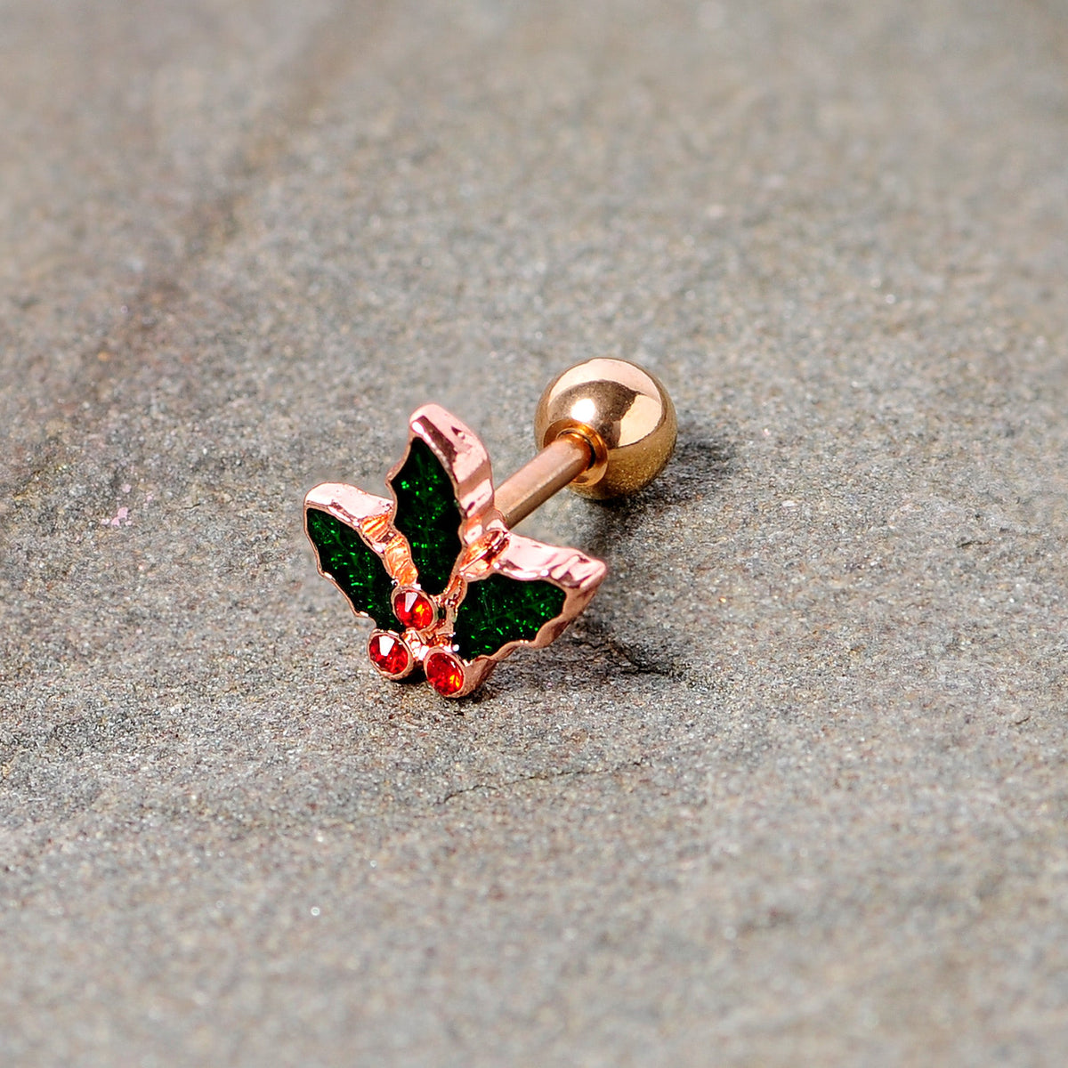 16G 1/4 Red Gem Rose Tone Mistletoe Christmas Cartilage Tragus