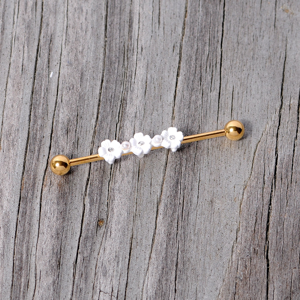 14G Aurora Gem Gold Tone Flower Industrial Barbell 38mm