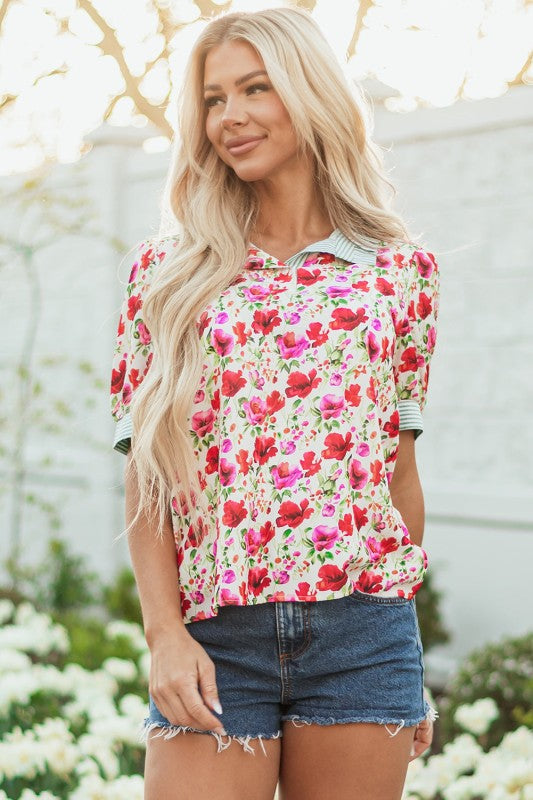 Romy Floral Striped Patchwork Collared Short Sleev