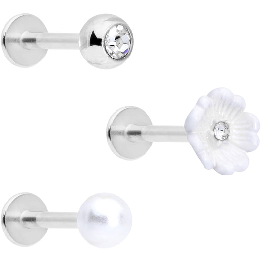 16G 5/16 Clear Gem Flower Labret Tragus Set of 3