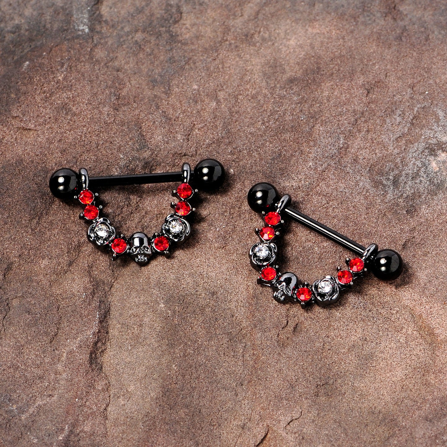14G 5/8 Red Clear Gem Black Skull Rose Dangle Nipple Ring Set