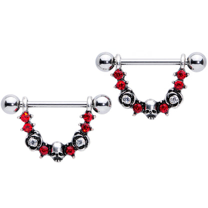 14G 5/8 Red Clear Gem Halloween Skull Rose Dangle Nipple Ring Set