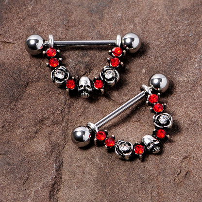 14G 5/8 Red Clear Gem Halloween Skull Rose Dangle Nipple Ring Set